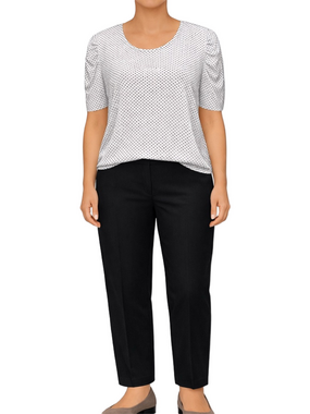 black and white polka dot short sleeve blouse with keyhole back